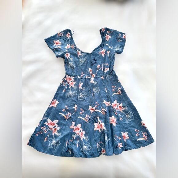 Roxy Shoulder Shimmy Sweetheart Floral Palm Print Mini Dress In Blue lSize M - Picture 16 of 16